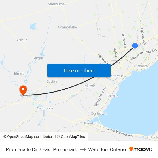 Promenade Cir / East Promenade to Waterloo, Ontario map