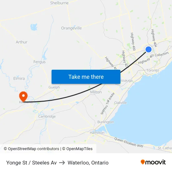Yonge St / Steeles Av to Waterloo, Ontario map