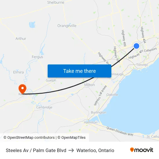 Steeles Av / Palm Gate Blvd to Waterloo, Ontario map