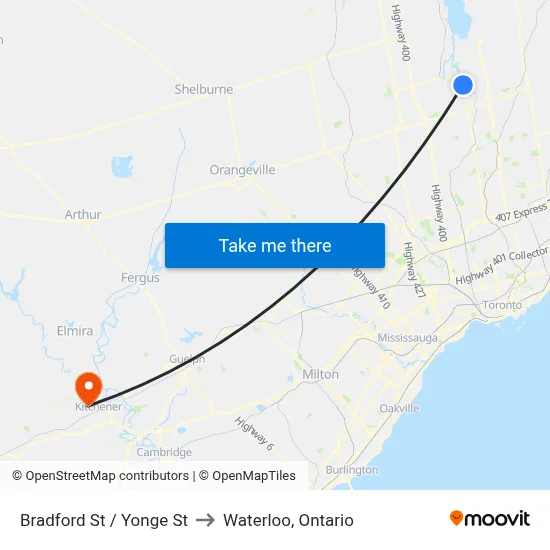 Bradford St / Yonge St to Waterloo, Ontario map