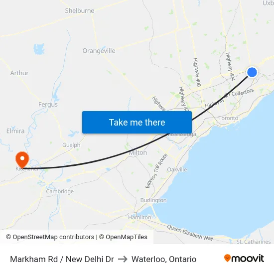 Markham Rd / New Delhi Dr to Waterloo, Ontario map