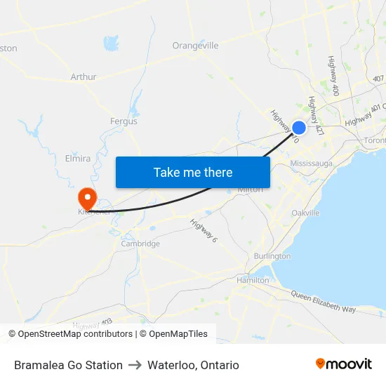 Bramalea Go Station to Waterloo, Ontario map