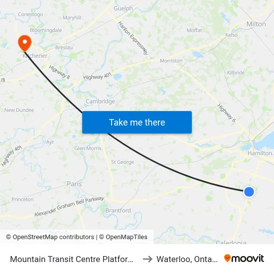 Mountain Transit Centre Platform 3 to Waterloo, Ontario map