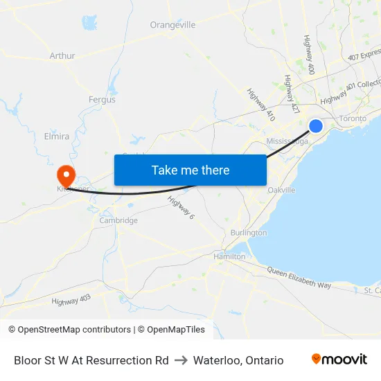 Bloor St W At Resurrection Rd to Waterloo, Ontario map