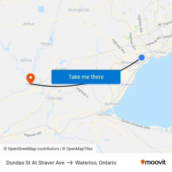 Dundas St At Shaver Ave to Waterloo, Ontario map