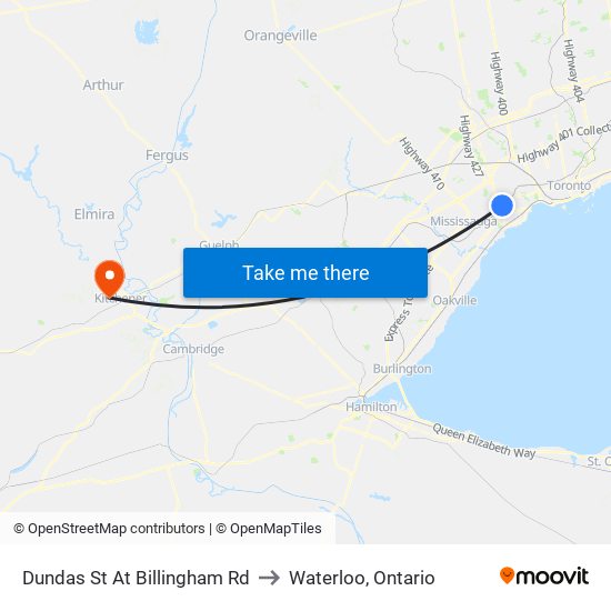 Dundas St At Billingham Rd to Waterloo, Ontario map
