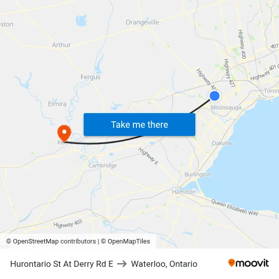 Hurontario St At Derry Rd E to Waterloo, Ontario map