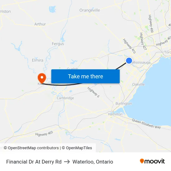 Financial Dr At Derry Rd to Waterloo, Ontario map