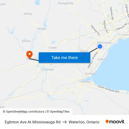 Eglinton Ave At Mississauga Rd to Waterloo, Ontario map
