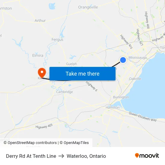 Derry Rd At Tenth Line to Waterloo, Ontario map