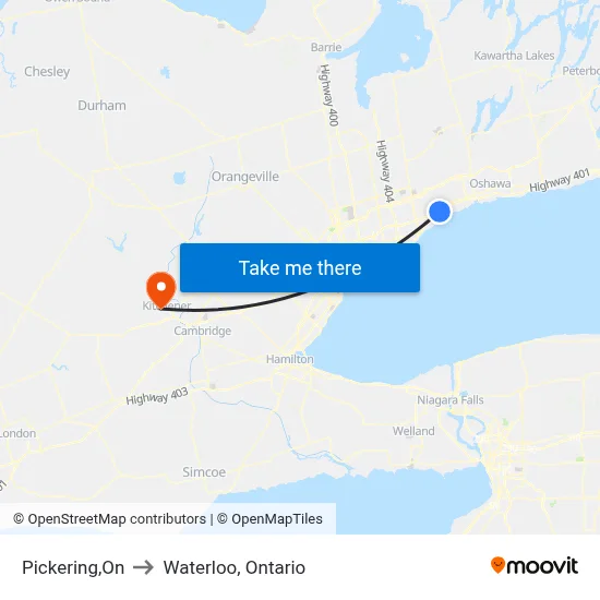 Pickering,On to Waterloo, Ontario map
