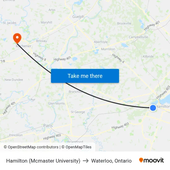 Hamilton (Mcmaster University) to Waterloo, Ontario map