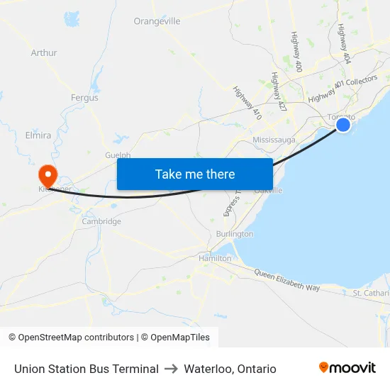 Union Station Bus Terminal to Waterloo, Ontario map