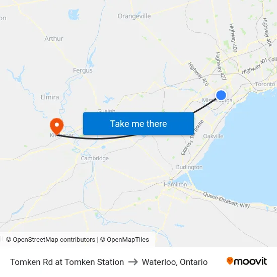 Tomken Rd at Tomken Station to Waterloo, Ontario map