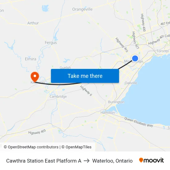 Cawthra Station East Platform A to Waterloo, Ontario map