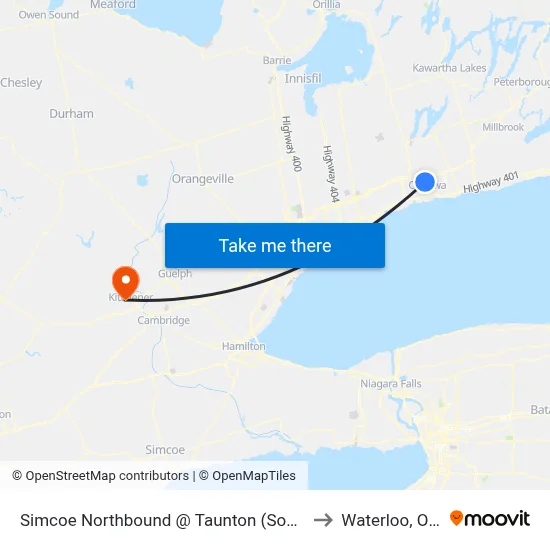 Simcoe Northbound @ Taunton (South Side Stop) to Waterloo, Ontario map
