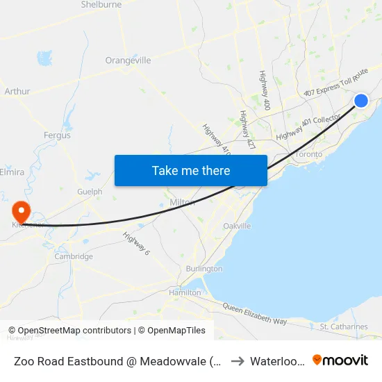 Zoo Road Eastbound @ Meadowvale (Rouge Park Visitor Centre) to Waterloo, Ontario map