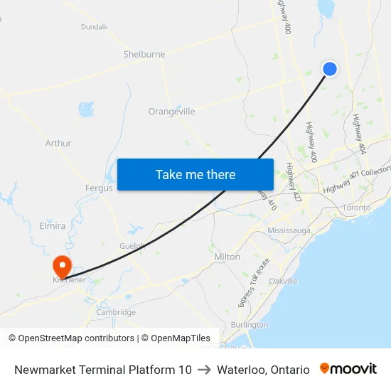 Newmarket Terminal Platform 10 to Waterloo, Ontario map