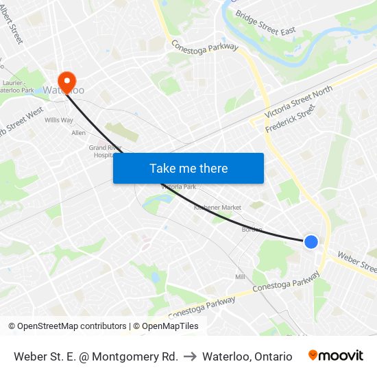 Weber St. E. @ Montgomery Rd. to Waterloo, Ontario map