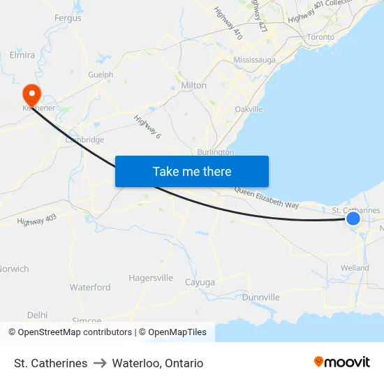 St. Catherines to Waterloo, Ontario map