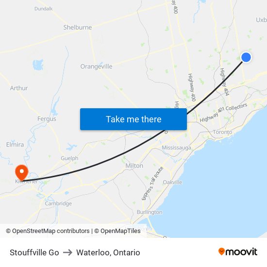 Stouffville Go to Waterloo, Ontario map