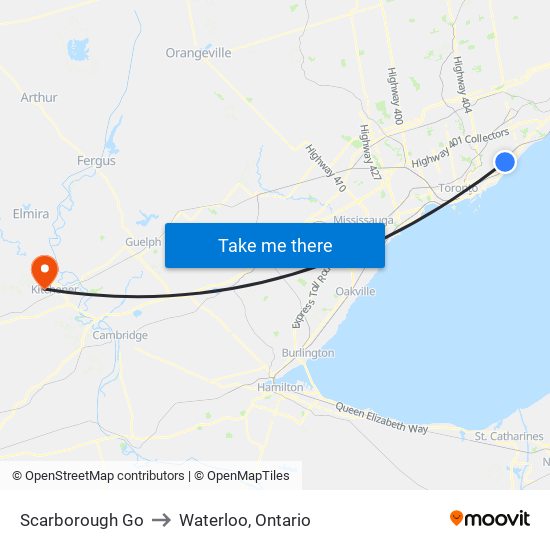 Scarborough Go to Waterloo, Ontario map