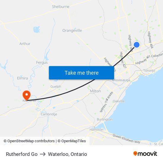 Rutherford Go to Waterloo, Ontario map