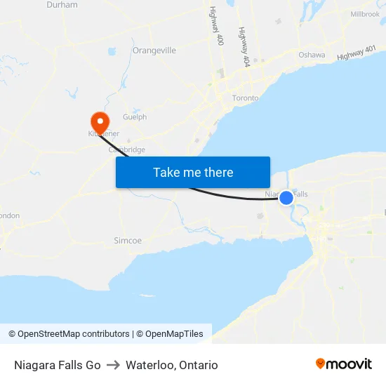 Niagara Falls Go to Waterloo, Ontario map