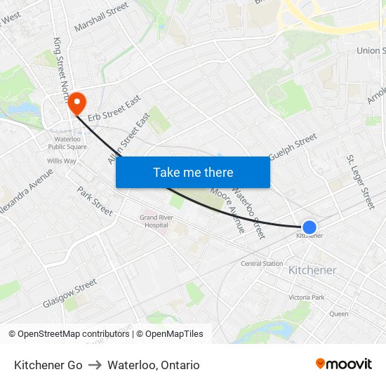 Kitchener Go to Waterloo, Ontario map