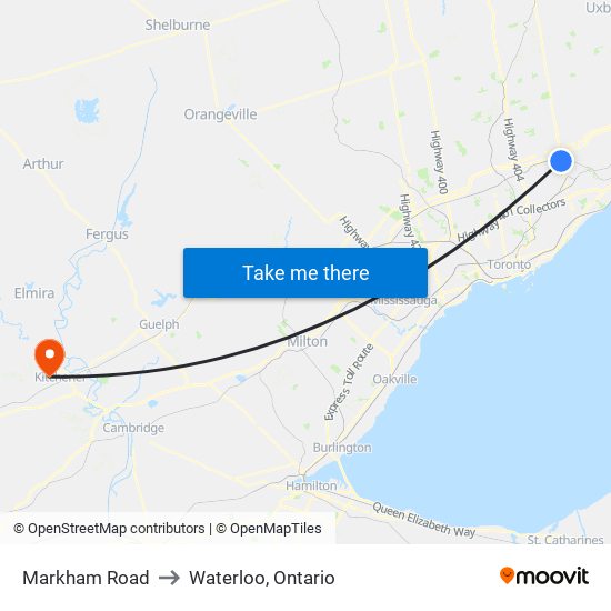 Markham Road to Waterloo, Ontario map