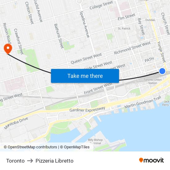 Toronto to Pizzeria Libretto map
