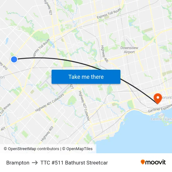 Brampton to TTC #511 Bathurst Streetcar map
