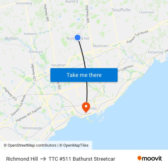 Richmond Hill to TTC #511 Bathurst Streetcar map