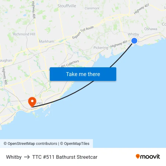 Whitby to TTC #511 Bathurst Streetcar map
