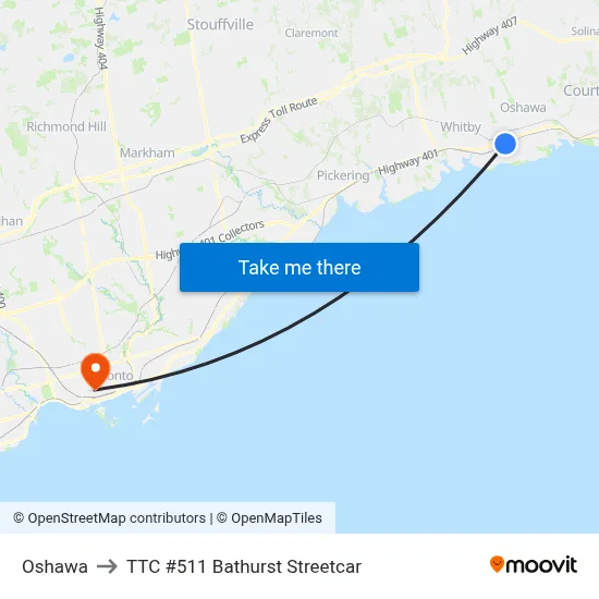 Oshawa to TTC #511 Bathurst Streetcar map