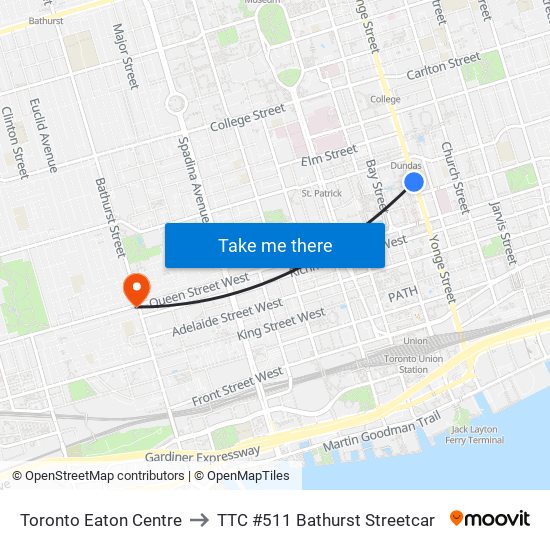 Toronto Eaton Centre to TTC #511 Bathurst Streetcar map