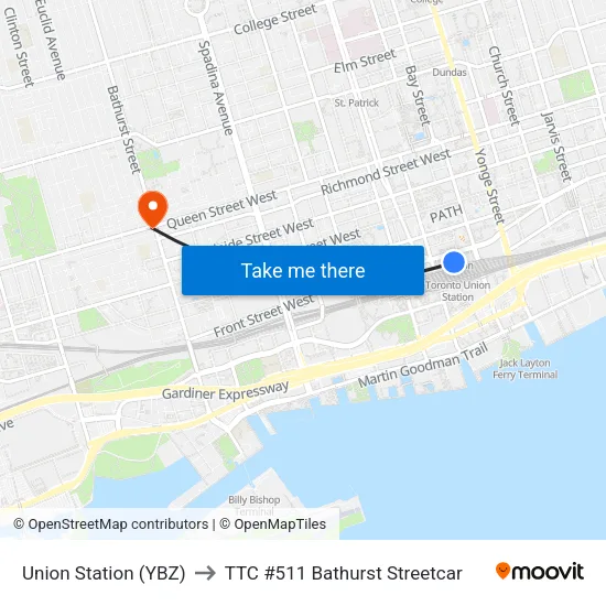 Union Station (YBZ) to TTC #511 Bathurst Streetcar map
