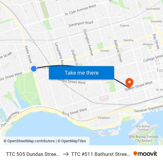 TTC 505 Dundas Streetcar to TTC 505 Dundas Streetcar map