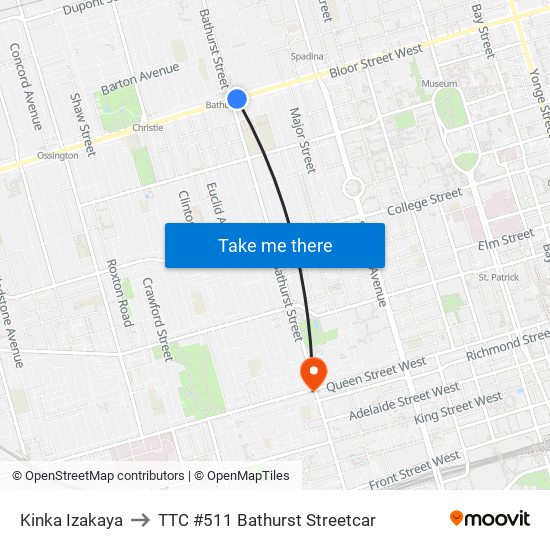 Kinka Izakaya to TTC #511 Bathurst Streetcar map