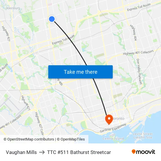 Vaughan Mills to TTC #511 Bathurst Streetcar map