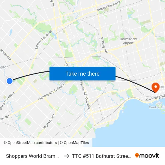 Shoppers World Brampton to TTC #511 Bathurst Streetcar map