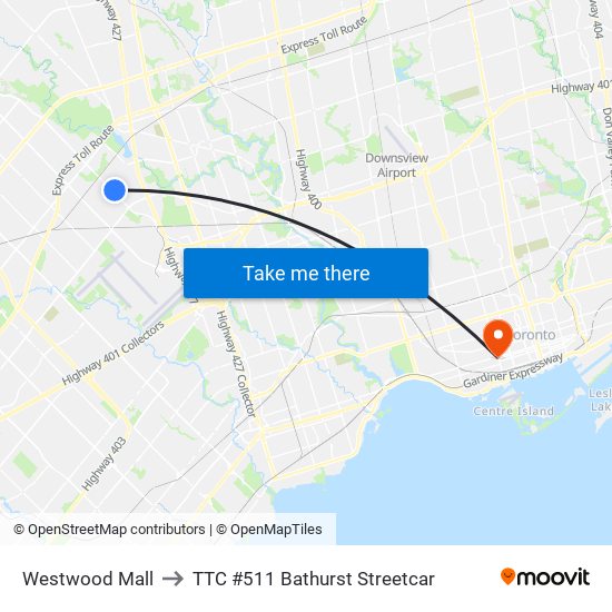 Westwood Mall to TTC #511 Bathurst Streetcar map