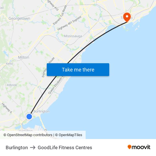 Burlington to GoodLife Fitness Centres map