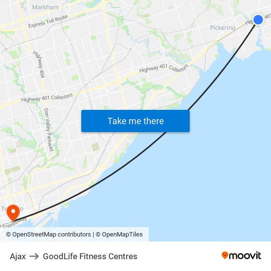 Ajax to GoodLife Fitness Centres map