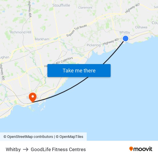 Whitby to GoodLife Fitness Centres map