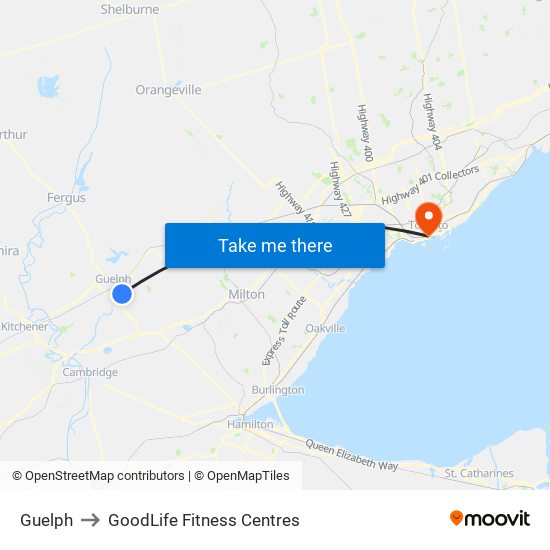 Guelph to GoodLife Fitness Centres map