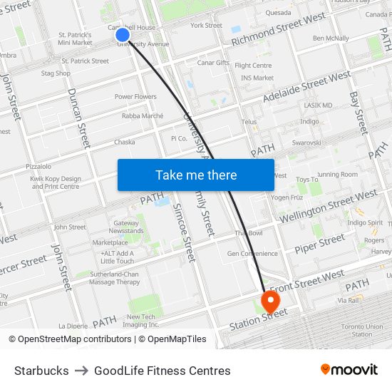 Starbucks to GoodLife Fitness Centres map
