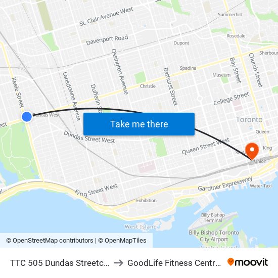 TTC 505 Dundas Streetcar to GoodLife Fitness Centres map