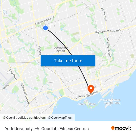 York University to GoodLife Fitness Centres map
