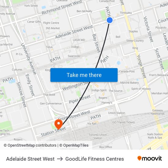 Adelaide Street West to GoodLife Fitness Centres map